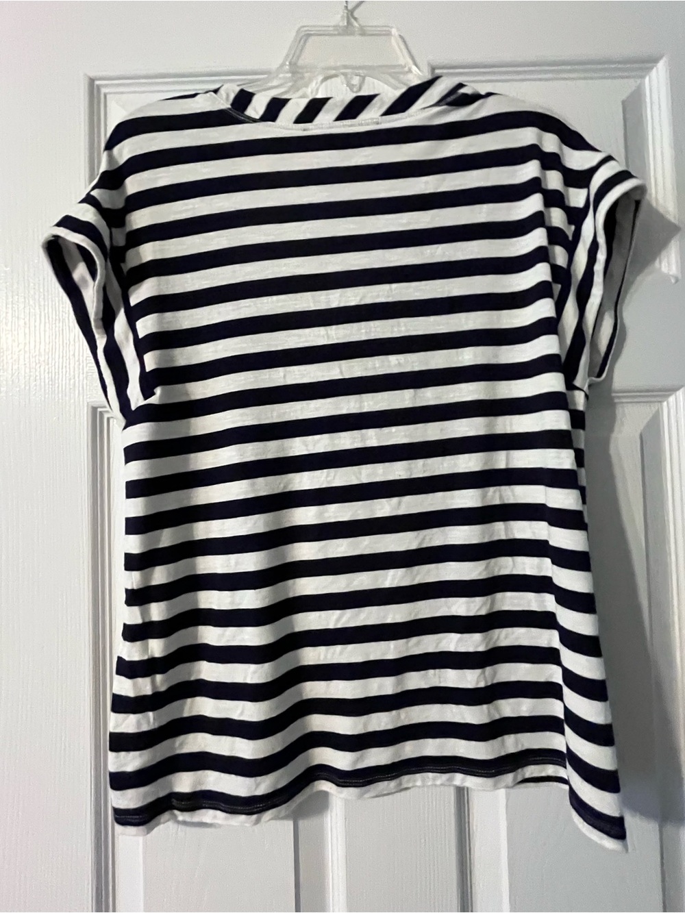 White House Black Market Black & White Striped V-Neck Short Sleeve Top - Picture 3 of 3